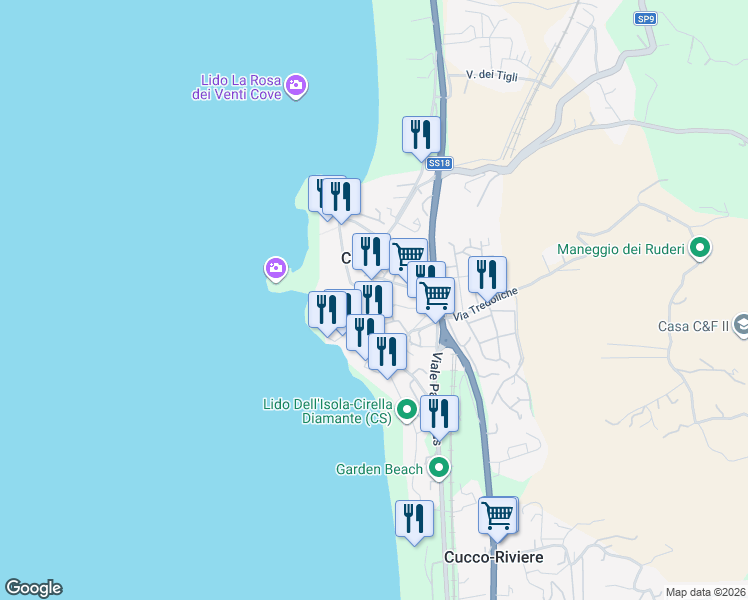 map of restaurants, bars, coffee shops, grocery stores, and more near 215 Via Vittorio Veneto in Cirella