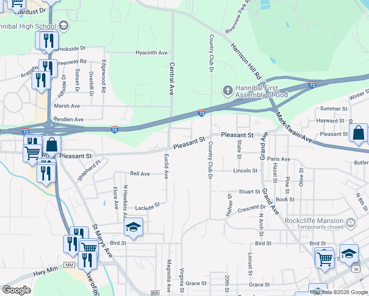 map of restaurants, bars, coffee shops, grocery stores, and more near 2203 Pleasant Street in Hannibal