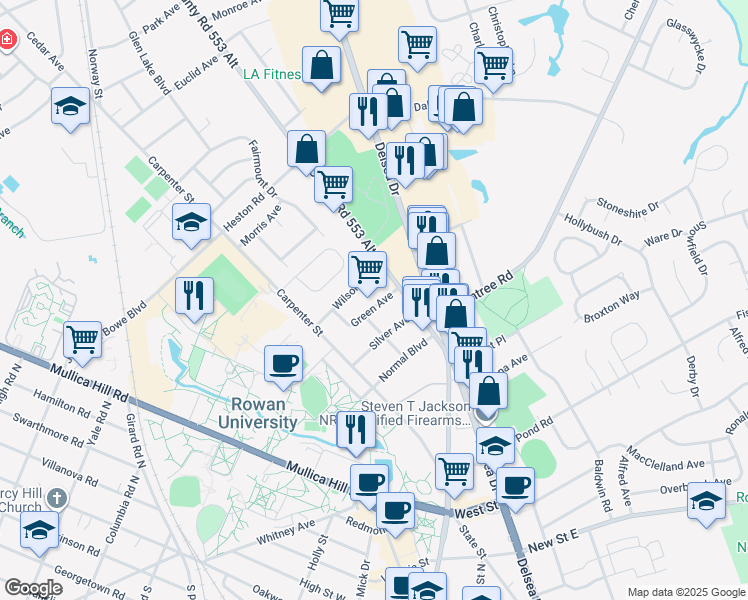 map of restaurants, bars, coffee shops, grocery stores, and more near 9 Green Avenue in Glassboro