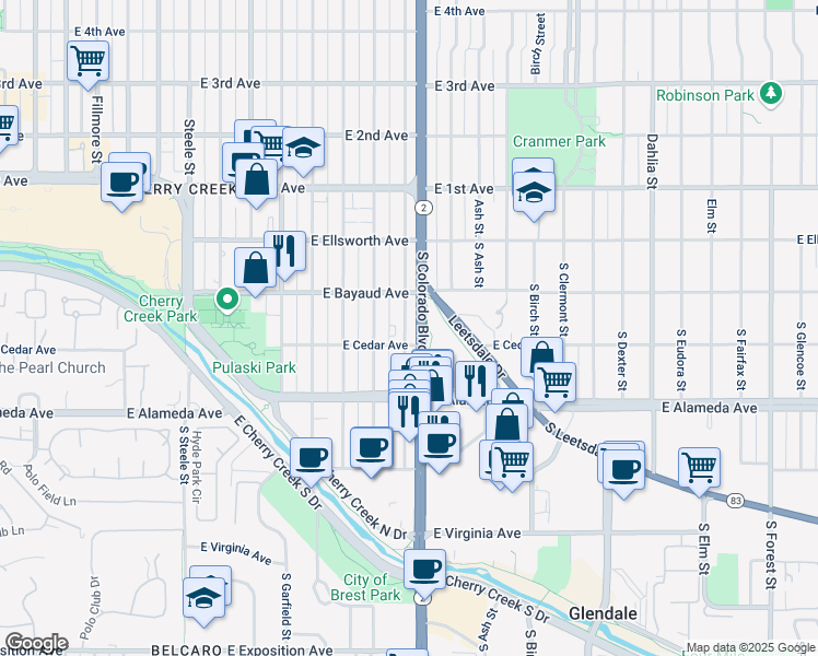 map of restaurants, bars, coffee shops, grocery stores, and more near 127 South Harrison Street in Denver