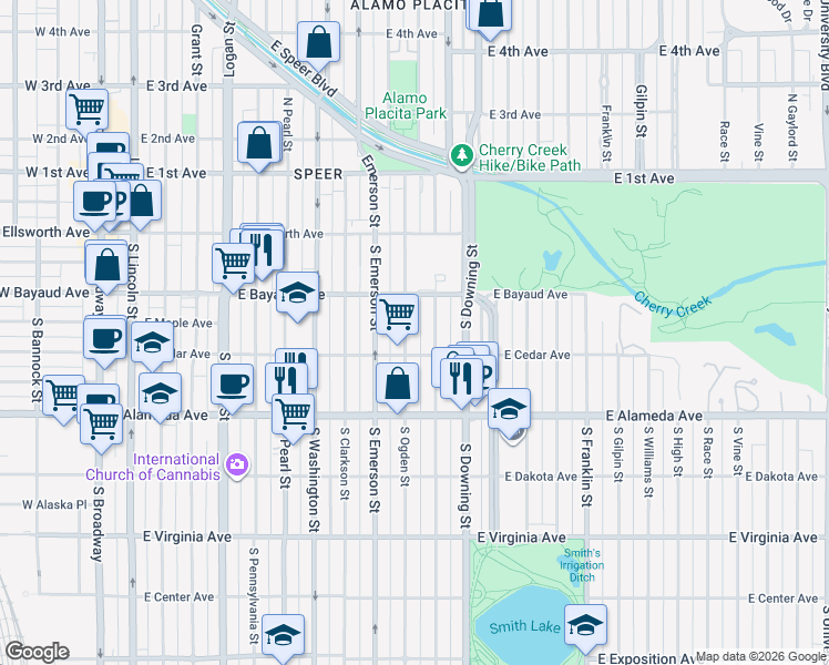 map of restaurants, bars, coffee shops, grocery stores, and more near 137 South Ogden Street in Denver
