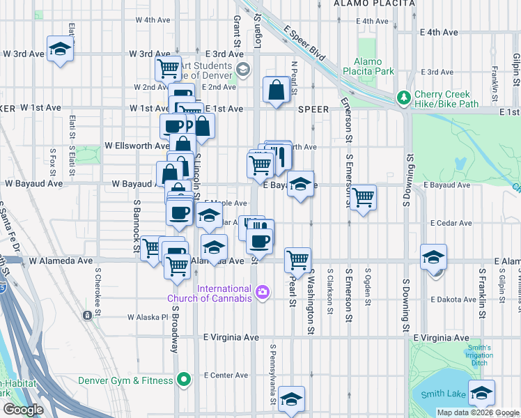 map of restaurants, bars, coffee shops, grocery stores, and more near 137 South Pennsylvania Street in Denver