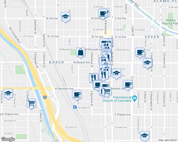 map of restaurants, bars, coffee shops, grocery stores, and more near 139 West Maple Avenue in Denver