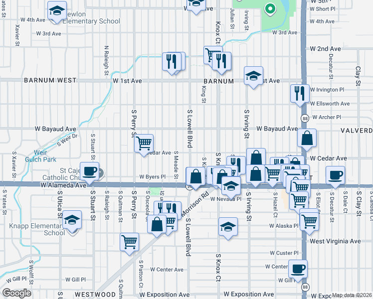 map of restaurants, bars, coffee shops, grocery stores, and more near 150 South Lowell Boulevard in Denver