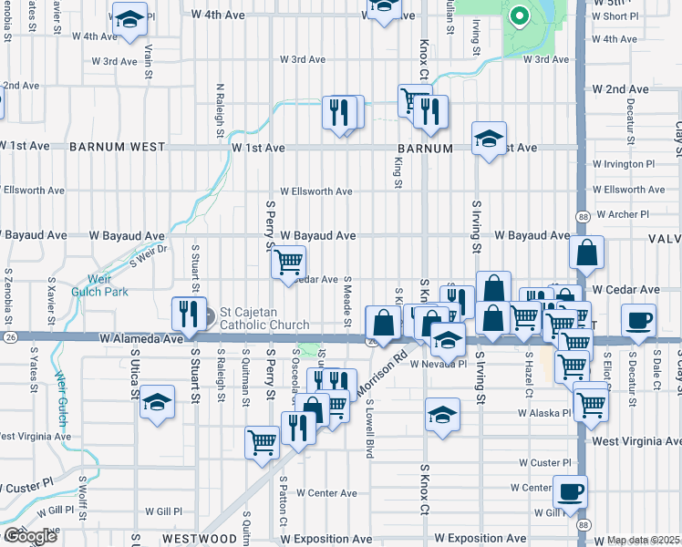 map of restaurants, bars, coffee shops, grocery stores, and more near 152 South Meade Street in Denver