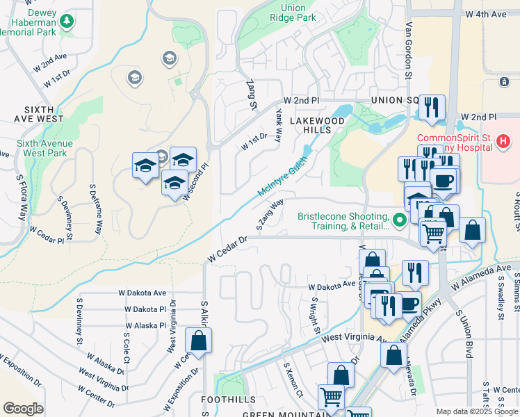 map of restaurants, bars, coffee shops, grocery stores, and more near 141 South Zang Way in Lakewood