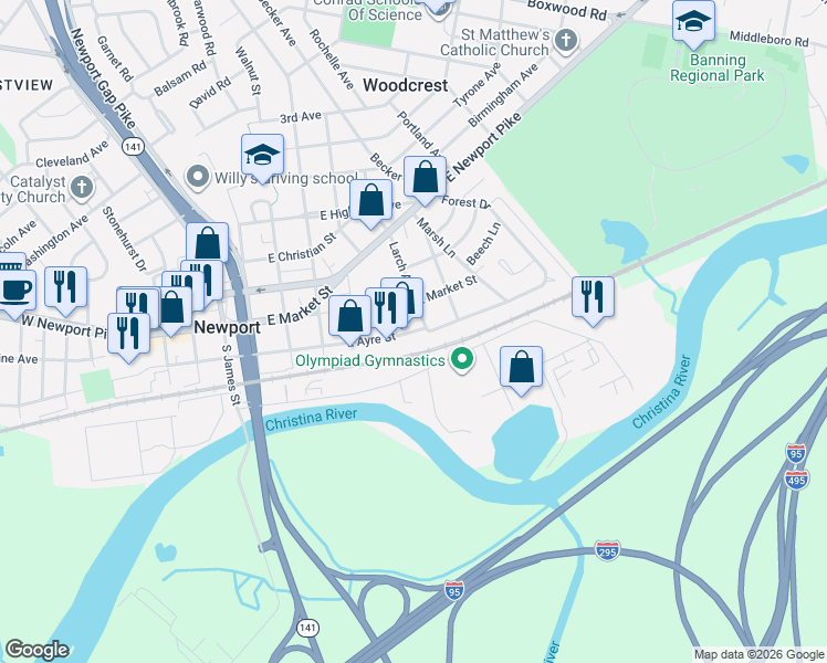 map of restaurants, bars, coffee shops, grocery stores, and more near 125 Larch Avenue in Wilmington