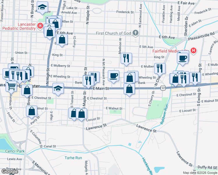 map of restaurants, bars, coffee shops, grocery stores, and more near 627 Mount Pleasant East in Lancaster