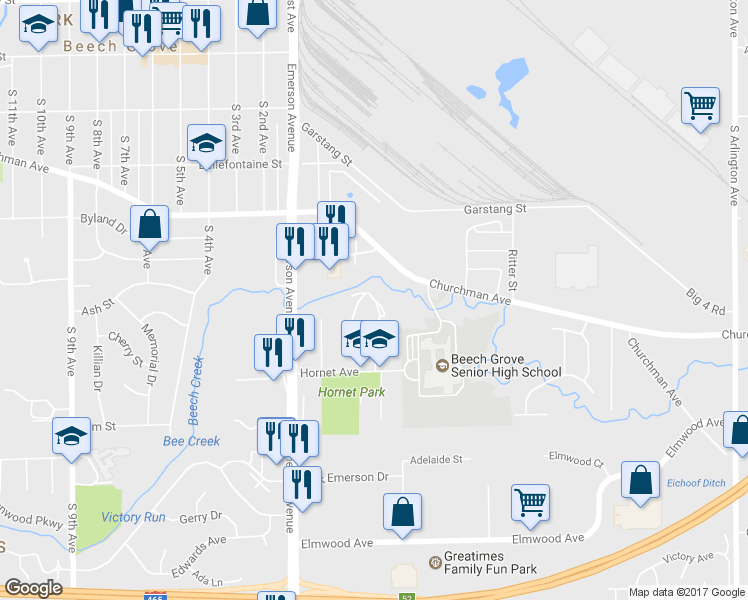 map of restaurants, bars, coffee shops, grocery stores, and more near 806 Main Street in Beech Grove