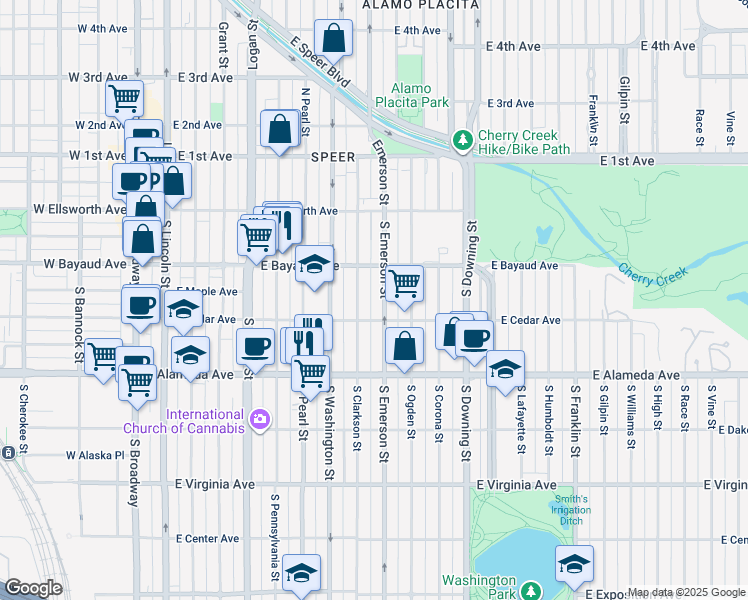 map of restaurants, bars, coffee shops, grocery stores, and more near 140 South Clarkson Street in Denver