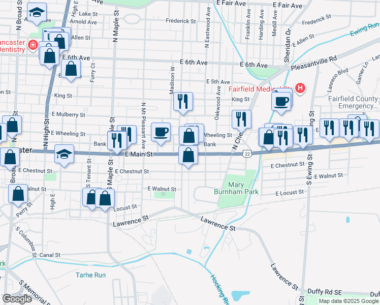 map of restaurants, bars, coffee shops, grocery stores, and more near 737 E Main St in Lancaster