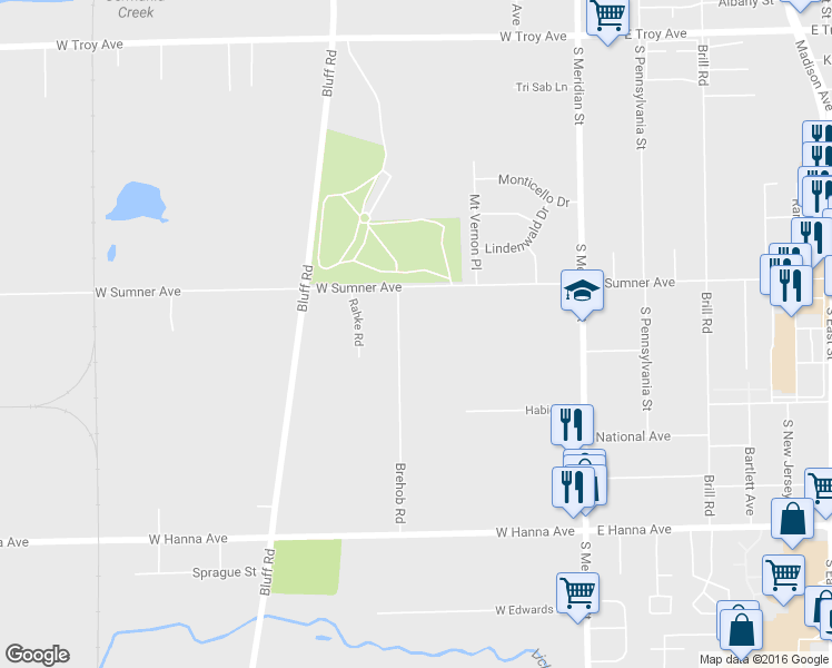 map of restaurants, bars, coffee shops, grocery stores, and more near 3601 Brehob Road in Indianapolis