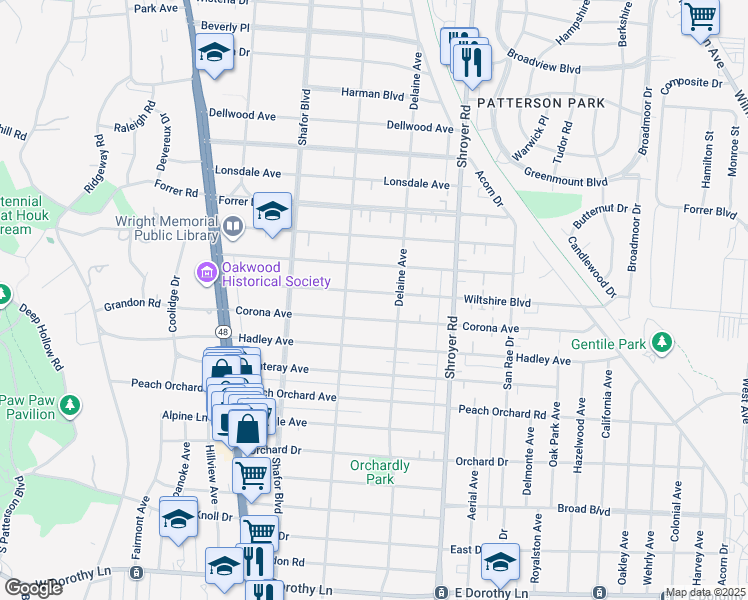 map of restaurants, bars, coffee shops, grocery stores, and more near 331 Wiltshire Boulevard in Dayton