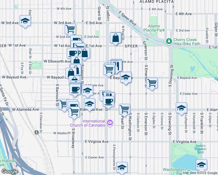 map of restaurants, bars, coffee shops, grocery stores, and more near 137 South Pennsylvania Street in Denver