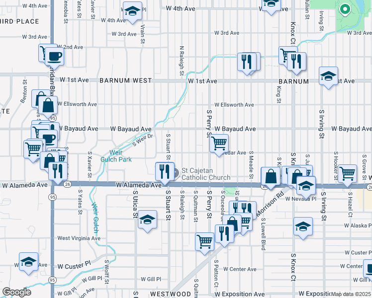 map of restaurants, bars, coffee shops, grocery stores, and more near 154 South Raleigh Street in Denver