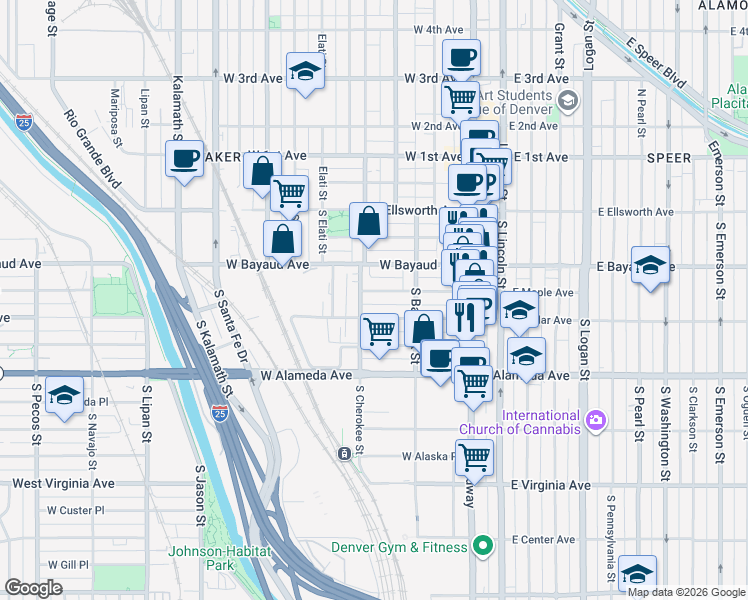 map of restaurants, bars, coffee shops, grocery stores, and more near 141 South Cherokee Street in Denver