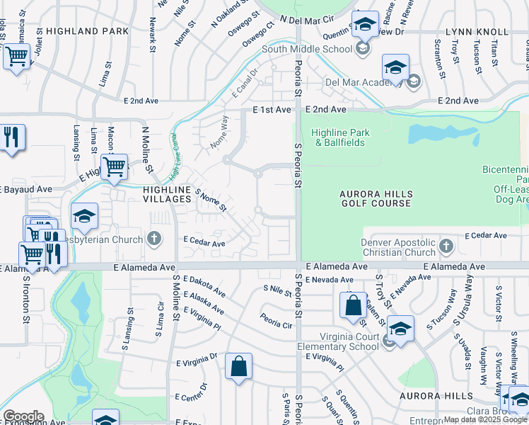 map of restaurants, bars, coffee shops, grocery stores, and more near 11895 East Maple Avenue in Aurora