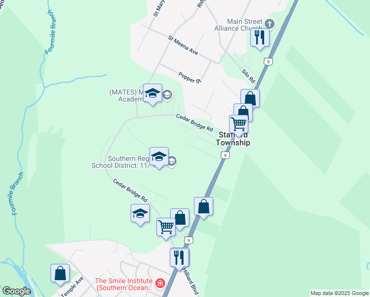 map of restaurants, bars, coffee shops, grocery stores, and more near 45 Fairview Terrace in Stafford Township