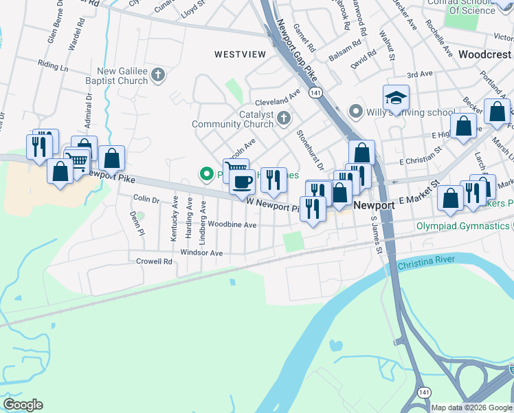 map of restaurants, bars, coffee shops, grocery stores, and more near 700 West Newport Pike in Wilmington