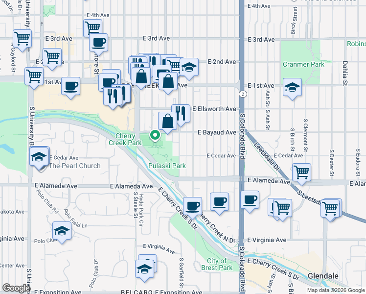 map of restaurants, bars, coffee shops, grocery stores, and more near 150 South Madison Street in Denver
