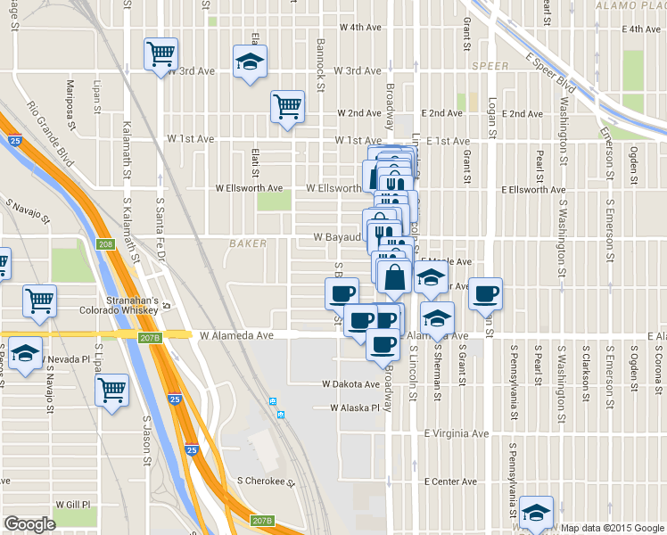 map of restaurants, bars, coffee shops, grocery stores, and more near 145 South Bannock Street in Denver