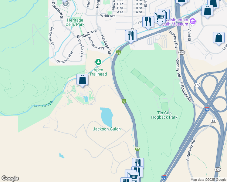 map of restaurants, bars, coffee shops, grocery stores, and more near Heritage Road in Golden