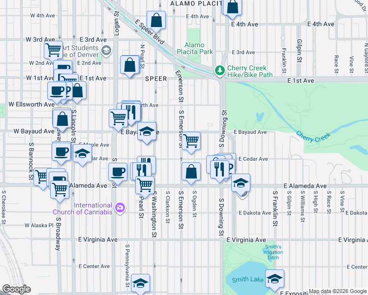 map of restaurants, bars, coffee shops, grocery stores, and more near 148 South Emerson Street in Denver