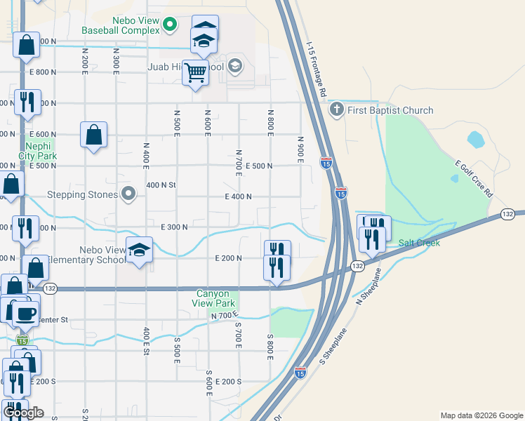map of restaurants, bars, coffee shops, grocery stores, and more near 357 North 800 East in Nephi