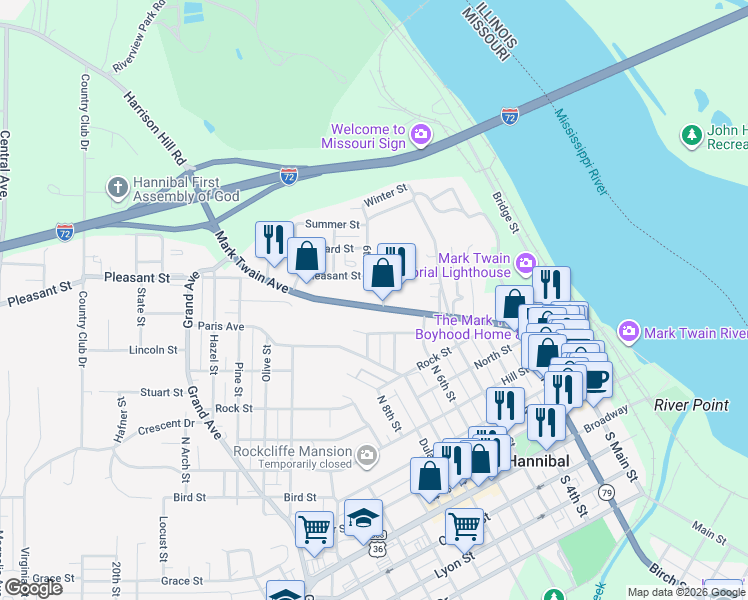 map of restaurants, bars, coffee shops, grocery stores, and more near 804 Harrison Hill Road in Hannibal