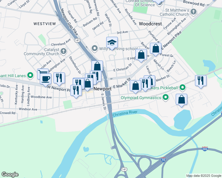 map of restaurants, bars, coffee shops, grocery stores, and more near 117 East Market Street in Newport