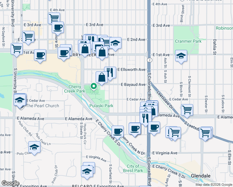 map of restaurants, bars, coffee shops, grocery stores, and more near 128 South Monroe Street in Denver
