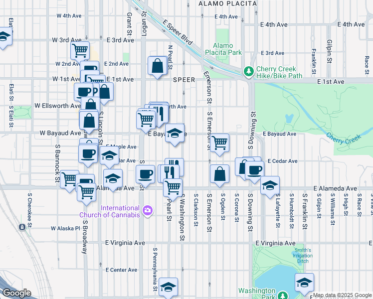 map of restaurants, bars, coffee shops, grocery stores, and more near 140 South Washington Street in Denver