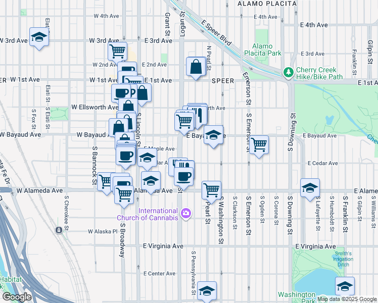map of restaurants, bars, coffee shops, grocery stores, and more near 137 South Pennsylvania Street in Denver