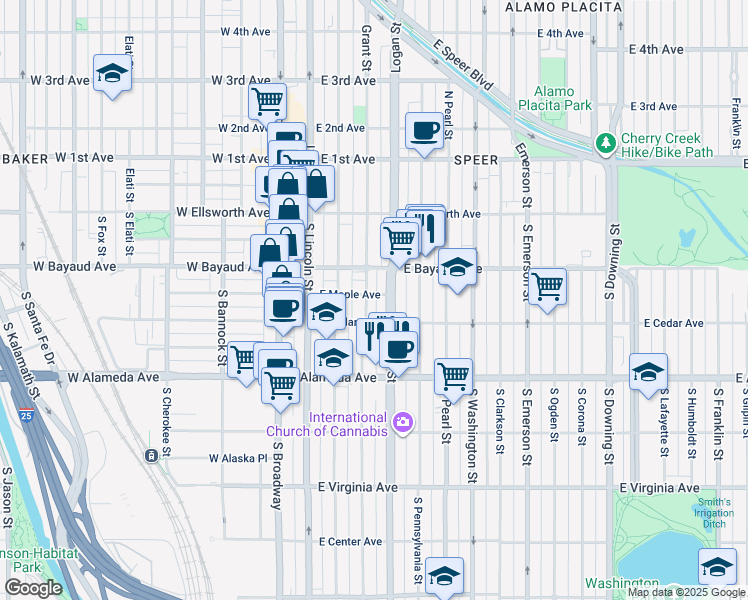 map of restaurants, bars, coffee shops, grocery stores, and more near 138 South Grant Street in Denver
