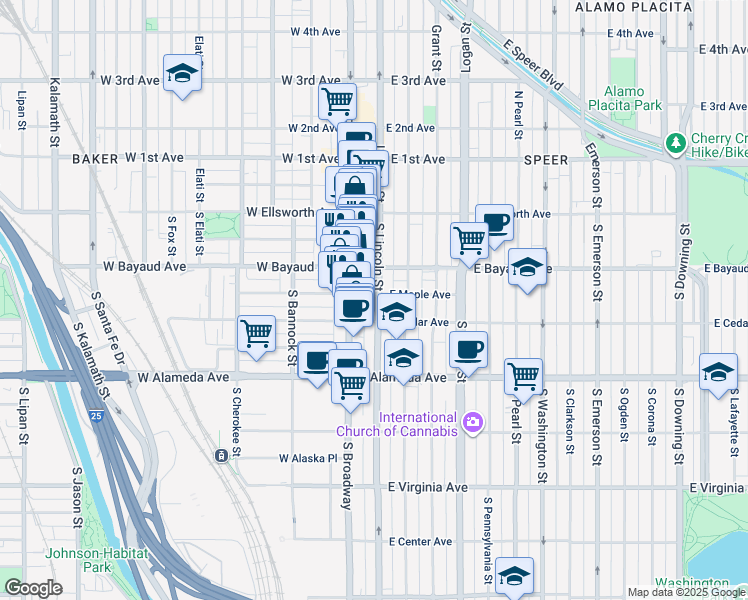 map of restaurants, bars, coffee shops, grocery stores, and more near 19 East Maple Avenue in Denver