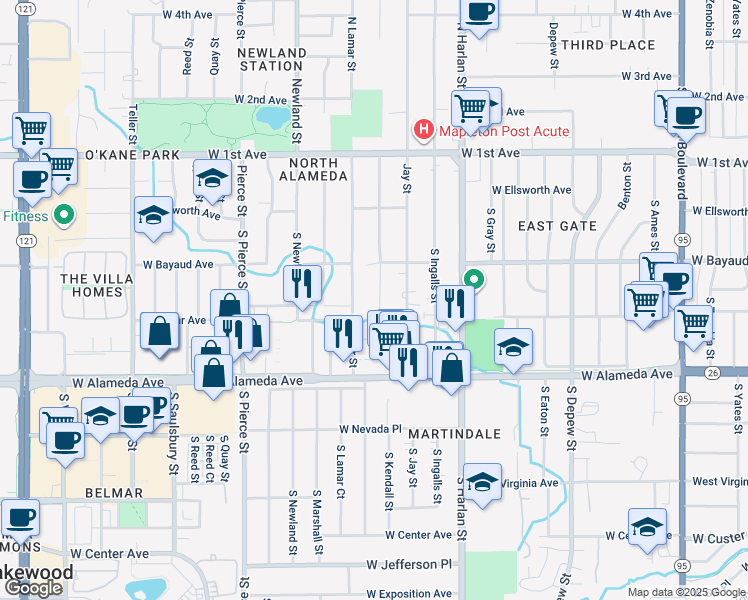 map of restaurants, bars, coffee shops, grocery stores, and more near 140 South Kendall Street in Lakewood