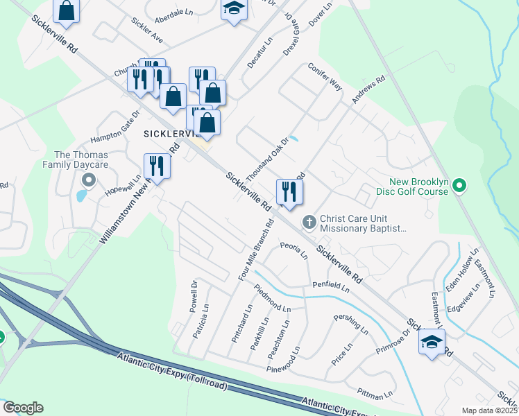 map of restaurants, bars, coffee shops, grocery stores, and more near 300 Sicklerville Road in Sicklerville