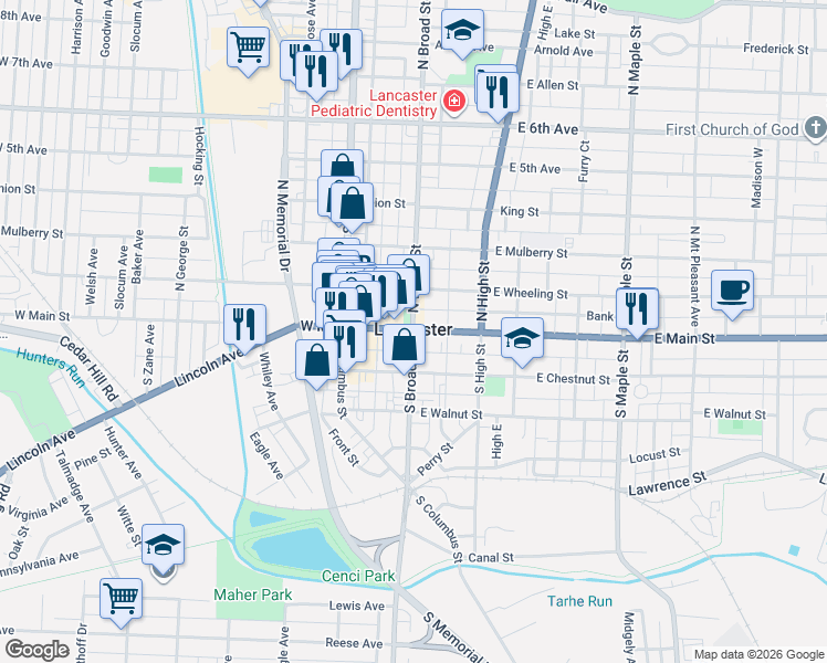 map of restaurants, bars, coffee shops, grocery stores, and more near in Lancaster