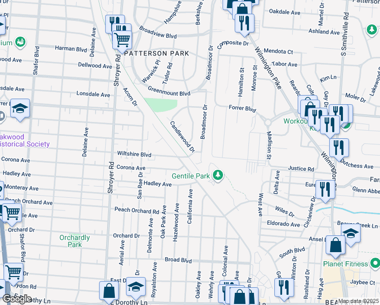 map of restaurants, bars, coffee shops, grocery stores, and more near 725 Wiltshire Boulevard in Dayton