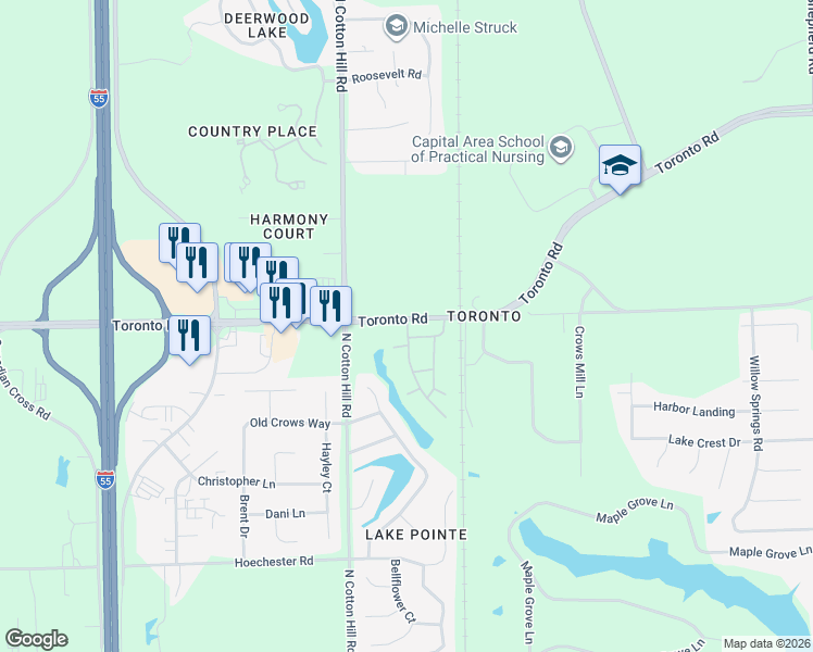 map of restaurants, bars, coffee shops, grocery stores, and more near 1399-1401 Toronto Road in Springfield