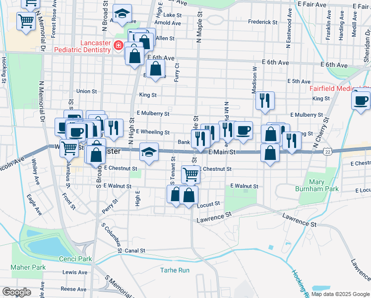 map of restaurants, bars, coffee shops, grocery stores, and more near 427 East Main Street in Lancaster