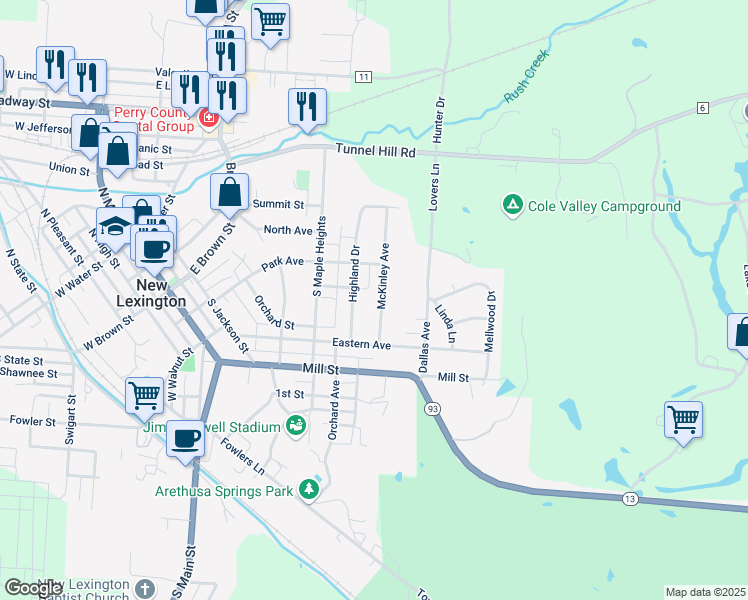 map of restaurants, bars, coffee shops, grocery stores, and more near 215 McKinley Avenue in New Lexington