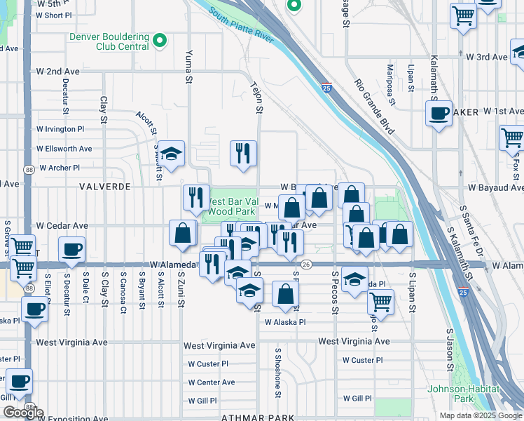 map of restaurants, bars, coffee shops, grocery stores, and more near 1573 West Maple Avenue in Denver