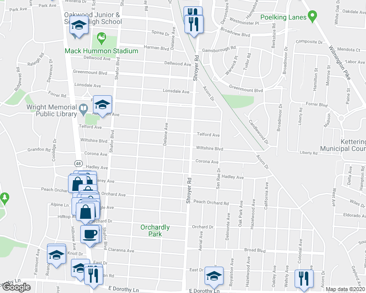 map of restaurants, bars, coffee shops, grocery stores, and more near 442 Wiltshire Boulevard in Dayton
