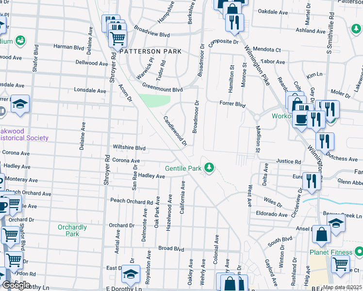 map of restaurants, bars, coffee shops, grocery stores, and more near 725 Wiltshire Boulevard in Dayton