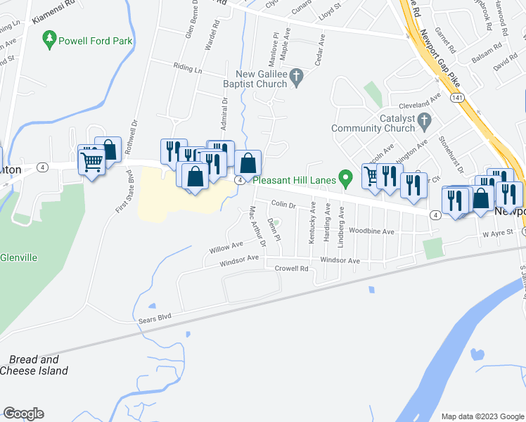 map of restaurants, bars, coffee shops, grocery stores, and more near 106 Denn Place in Wilmington
