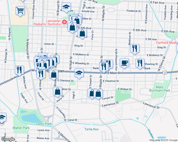 map of restaurants, bars, coffee shops, grocery stores, and more near 355 East Main Street in Lancaster