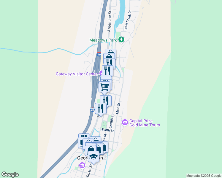map of restaurants, bars, coffee shops, grocery stores, and more near 1414 Rose Street in Georgetown