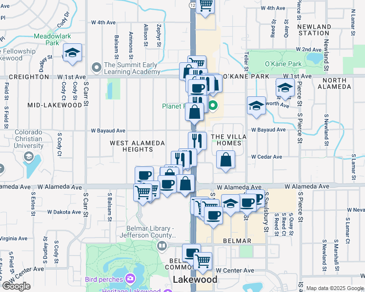map of restaurants, bars, coffee shops, grocery stores, and more near 160 South Yukon Street in Lakewood