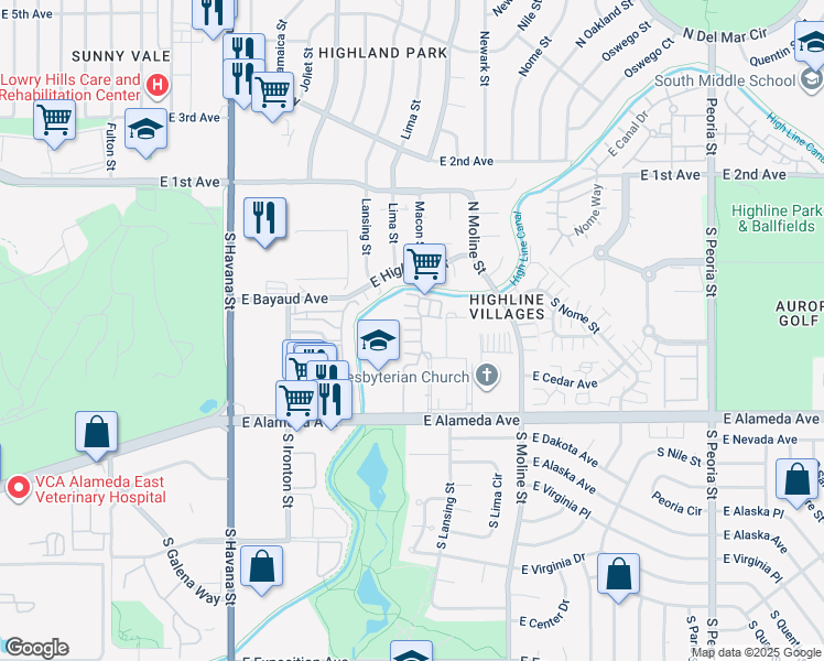 map of restaurants, bars, coffee shops, grocery stores, and more near 11155 East Alameda Avenue in Aurora